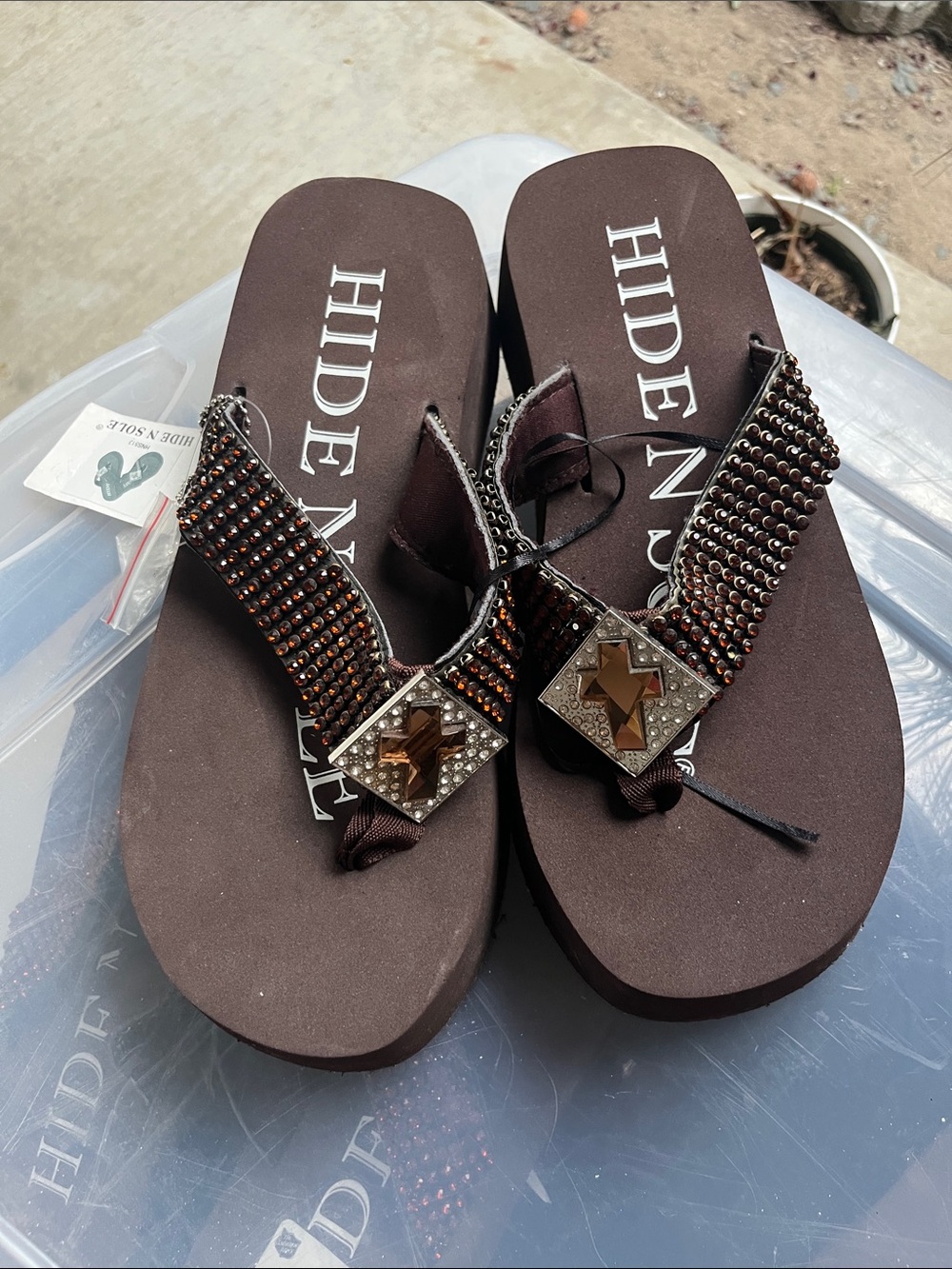 HIDE N SOLE brown Beaded Wedge Flip Flop Sandals